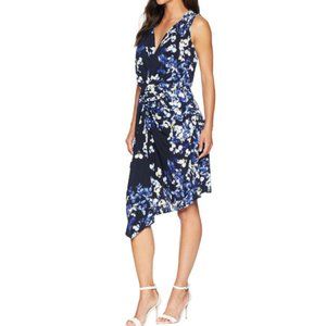Ellen Tracy Blue Trellis Blossom Ink Twisted Front Sleeveless Dress Large NEW